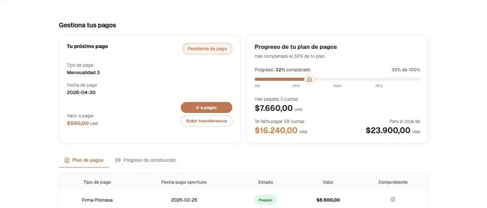 Compra sobre planos con pagos flexibles y seguimiento en tiempo real