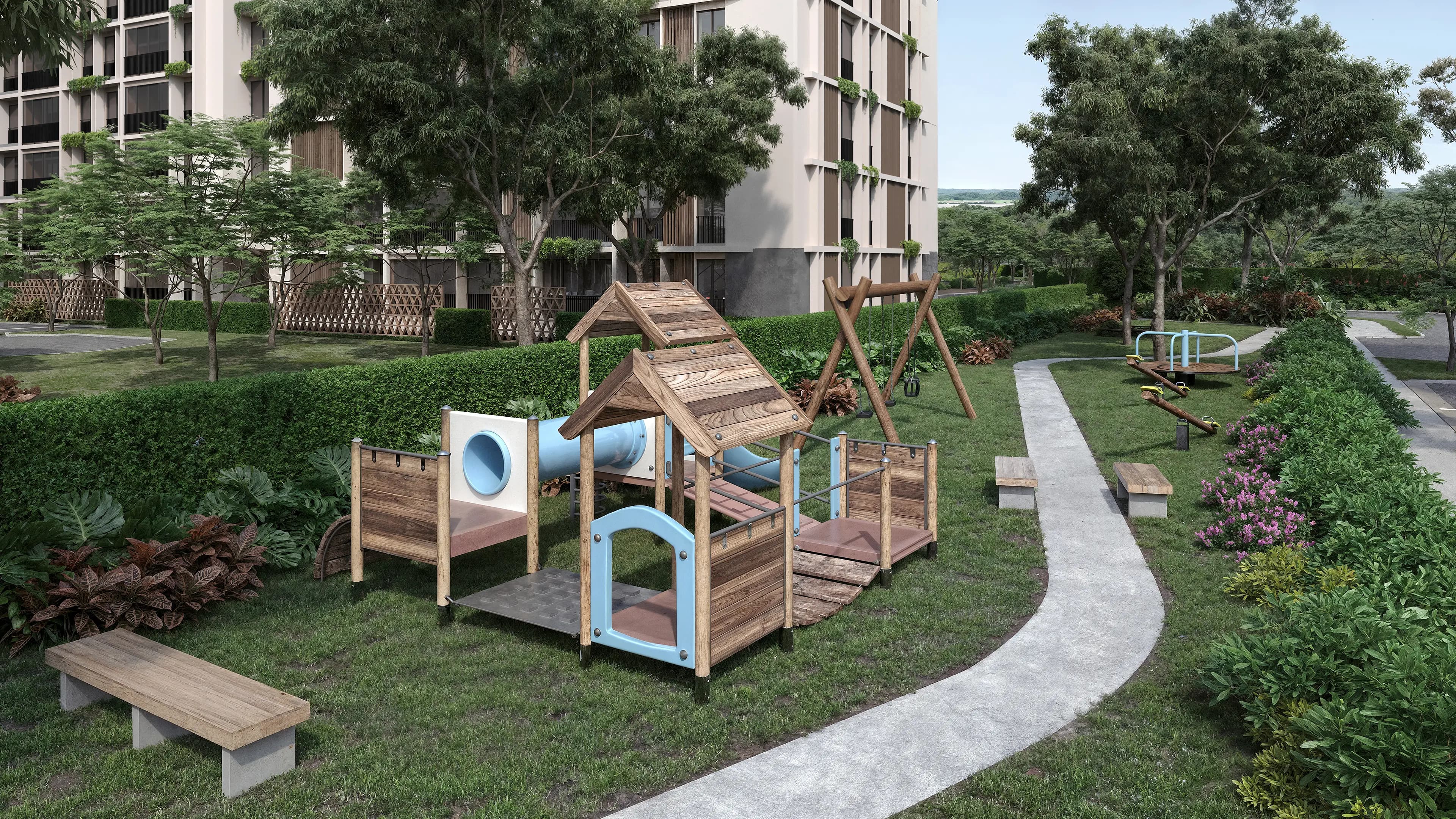 Parque infantil entre áreas verdes